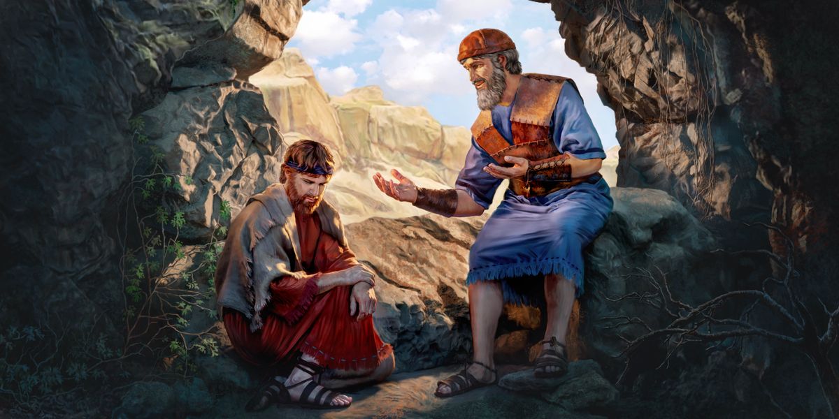 Jonatana sy Davida mipetraka eo alohan’ny fidirana amin’ilay lava-bato. Mihaino ny fampaherezan’i Jonatana i Davida.
