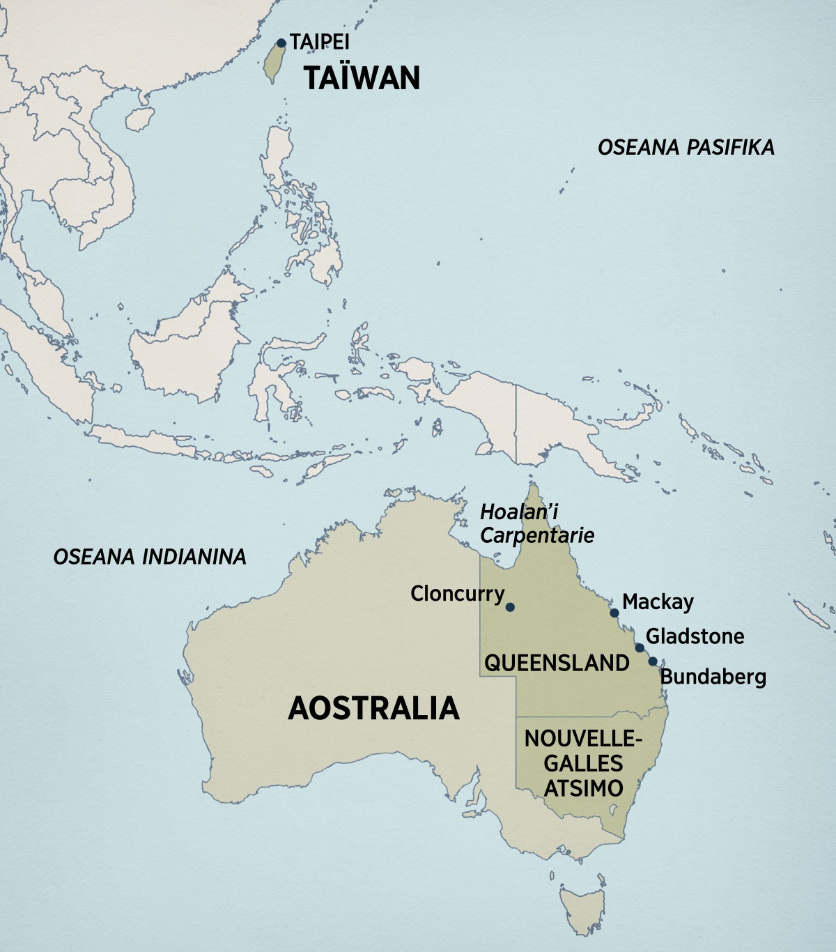 Sarintanin’i Aostralia sy ny faritra atsinanan’i Azia, ahitana ny toerana nipetrahan’i Terry sy nanompoany. Anisan’izany i Taipei, any Taïwan; Hoalan’i Carpentarie, Cloncurry, Mackay, Gladstone, ary Bundaberg any Queensland, any Aostralia; Nouvelle-Galles Atsimo, any Aostralia.
