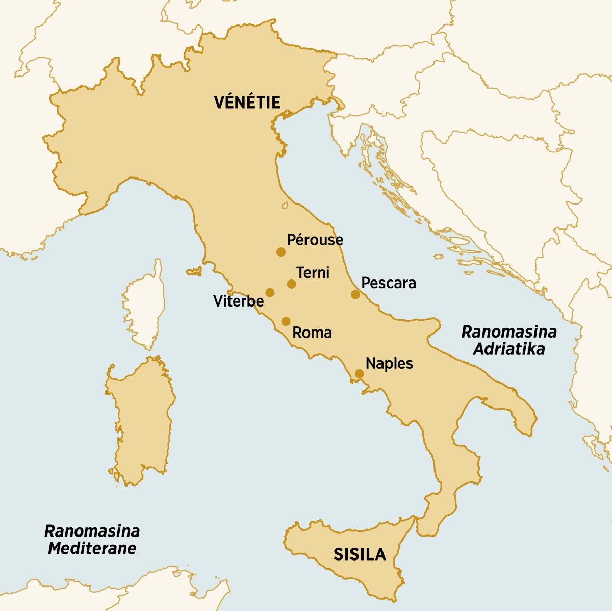 Sarintany mampiseho an’i Italia sy ny toerana nipetrahan’i Dorina Caparelli sy nanompoany ary nanatrehany fivoriambe: Vénétie, Pérouse, Terni, Pescara, Sisila, Naples, Roma, Viterbe.