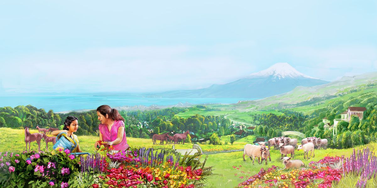 Vehivavy iray sy ny zanany vavy ao amin’ny Paradisa, manondraka voninkazo