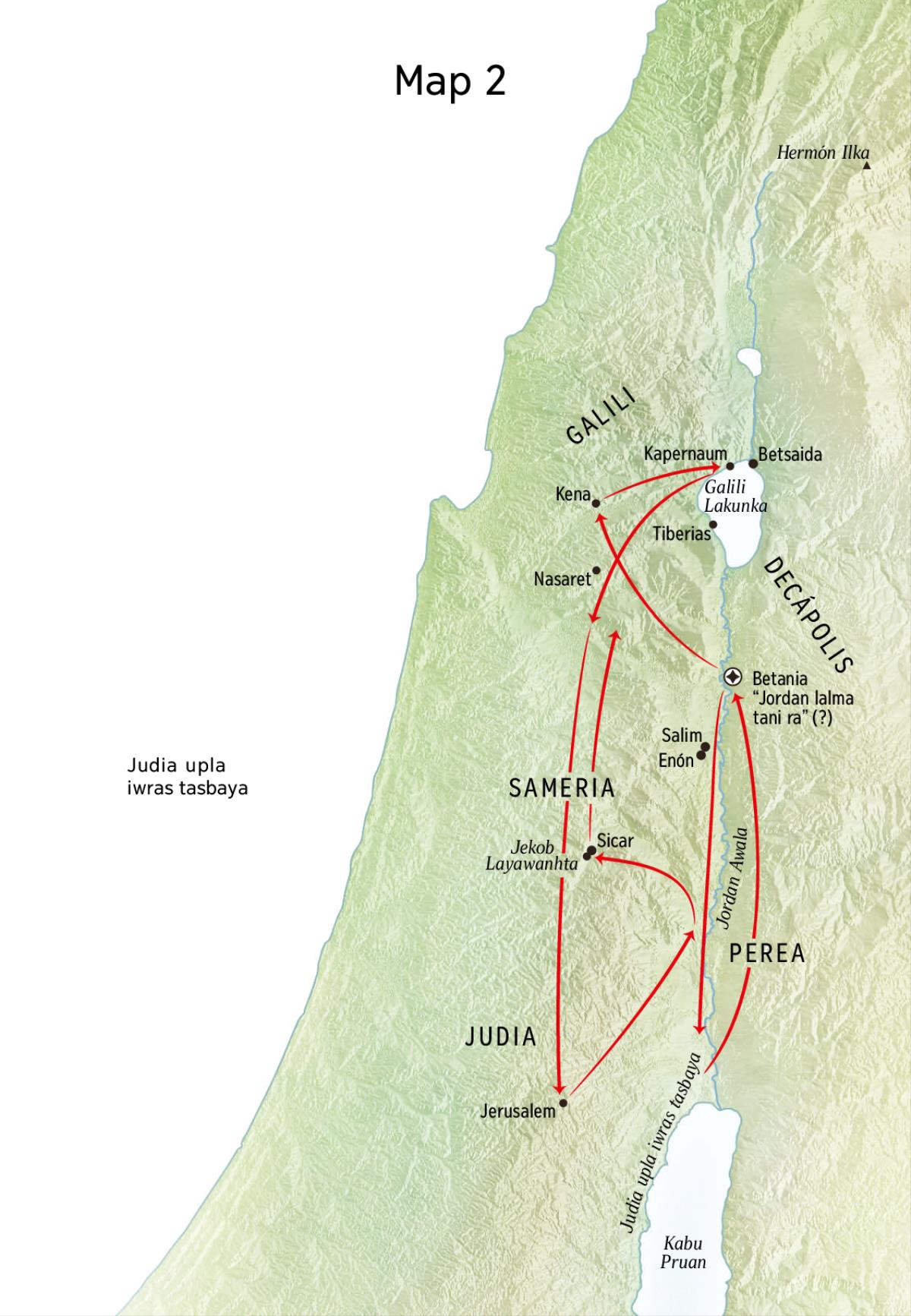 Map of locations in Jesus’ life including the Jordan River and Judea