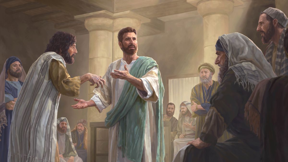 Jesús en una sinagoga hablándoles a los líderes religiosos judíos del hombre que tiene la mano paralizada y al que va a curar. Los líderes religiosos miran a Jesús con desprecio.