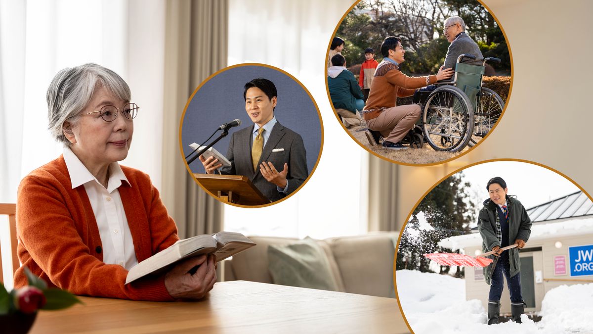 Serie de imágenes: Una hermana mayor leyendo la Biblia y meditando en todo lo que hacen los ancianos. 1. Un anciano dando un discurso en una reunión de congregación. 2. El mismo anciano ayudando a un hermano que está en silla de ruedas. 3. El mismo anciano con una pala quitando la nieve de la entrada del Salón del Reino.