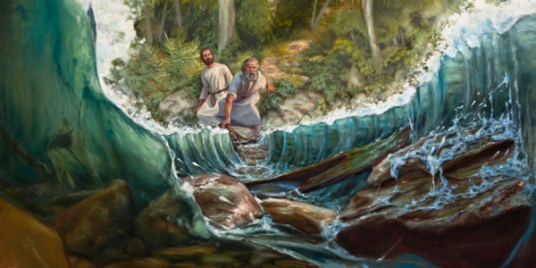 Елисеј го гледа Илија како ја разделува водата на реката Јордан удирајќи ја со својата пророчка наметка