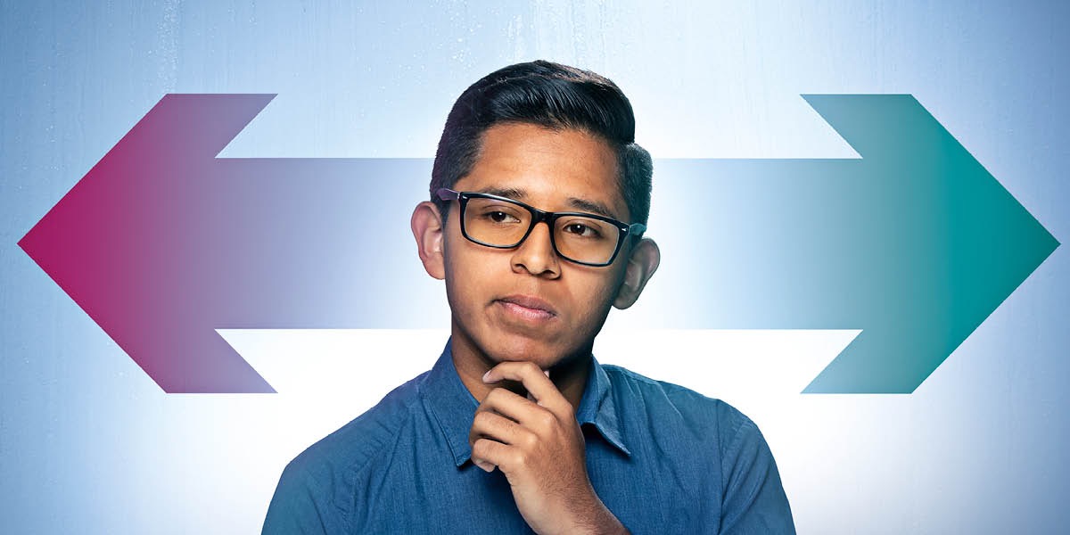 തീരുമാനമെടുക്കാൻ ശ്രമിക്കുന്ന ഒരു കൗമാരക്കാരൻ. തെറ്റും ശരിയും സൂചിപ്പിക്കുന്ന അമ്പടയാളങ്ങൾ പിന്നിൽ കാണാം.