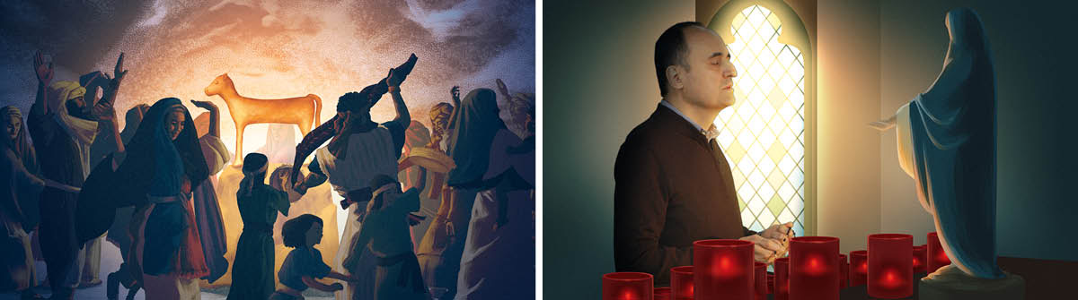 Collage: 1. Israelite ki kera faarabaita ana te’e gold buluka aena fa tolo i Mount Sinai. 2. Te’e wane e fo’asia Mary.