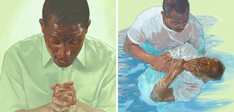 A man makes his dedication to Jehovah in prayer and later is baptized