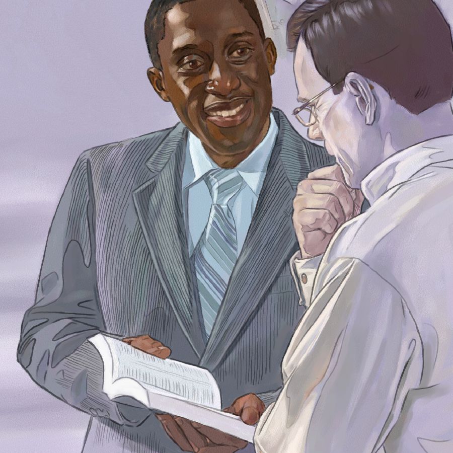 One of Jehovah’s Witnesses preaches the good news of the Kingdom to a man