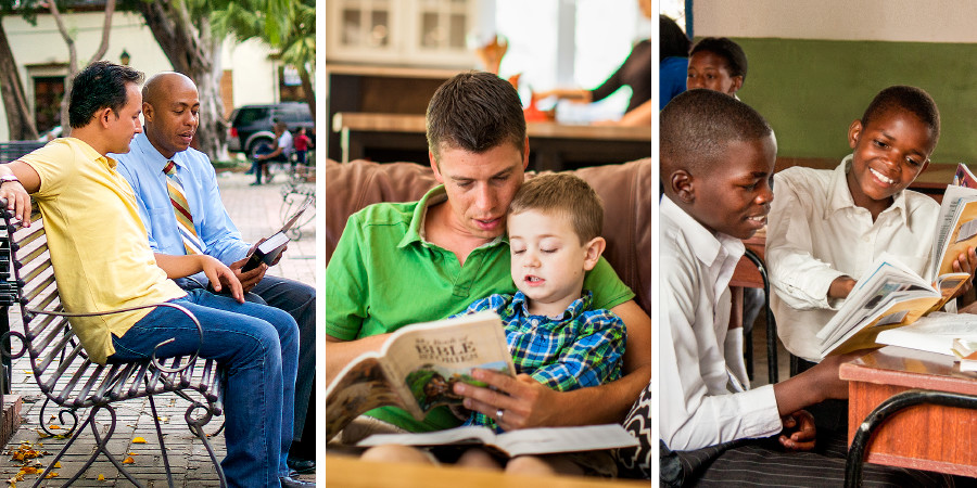 1. Нэг Гэрч гудамжны сандал дээр сууж буй эрэгтэйд дэлгэрүүлж байна; 2. Аав нь хүүдээ «Миний ном»-оос уншиж өгч байна; 3. Гэрч хүү ангийнхаа хүүхдэд Еховагийн тухай зааж байна