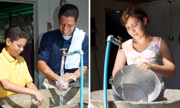1. Biig ne a baaba sẽn pegsd b nus ne safandA father and his son washing their hands with soap; 2. Pag sẽn pekd a so ne safandA woman cleaning a cooking pot with soap