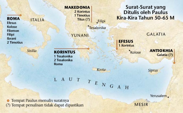 Peta yang menunjukkan tempat Paulus menulis suratnya