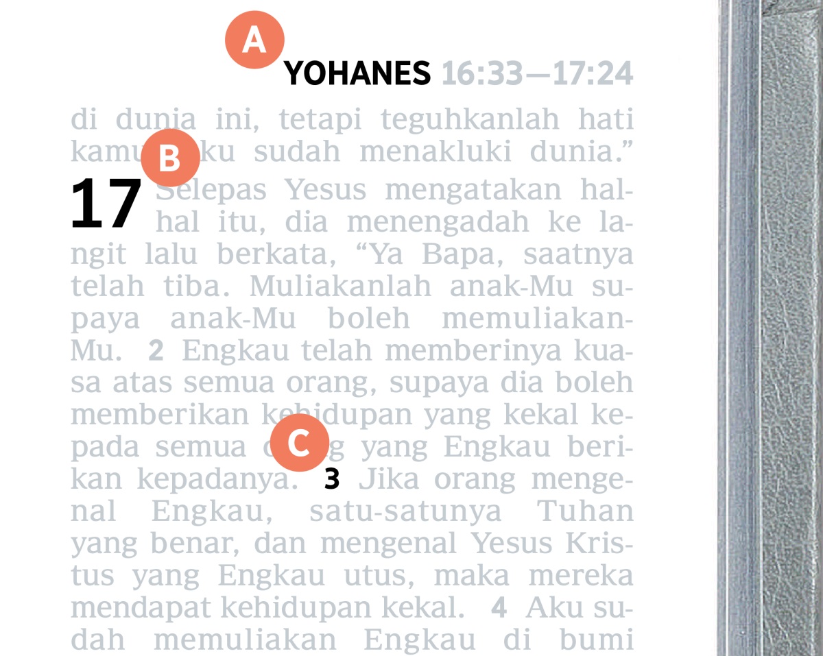 Label menandakan bahagian A, B, dan C pada halaman Bible.