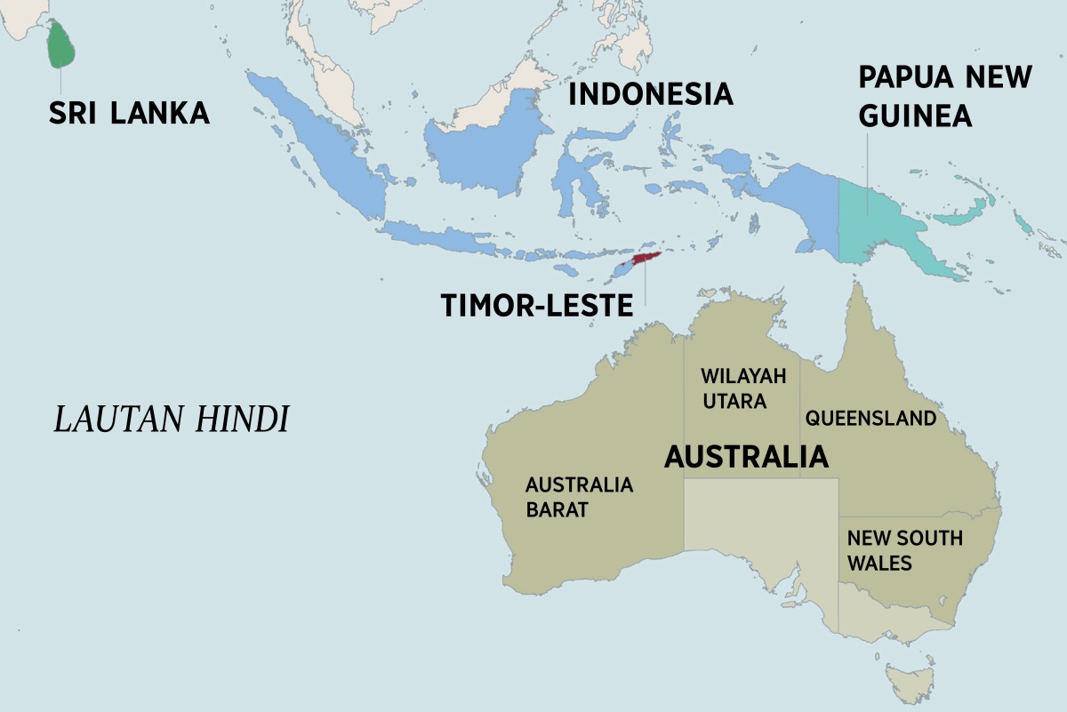 Peta Australia dan negara-negara jiran, termasuk Sri Lanka, Indonesia, Papua New Guinea, dan Timor-Leste. Wilayah Utara, Australia Barat, Queensland, dan New South Wales ditandakan pada peta Australia.