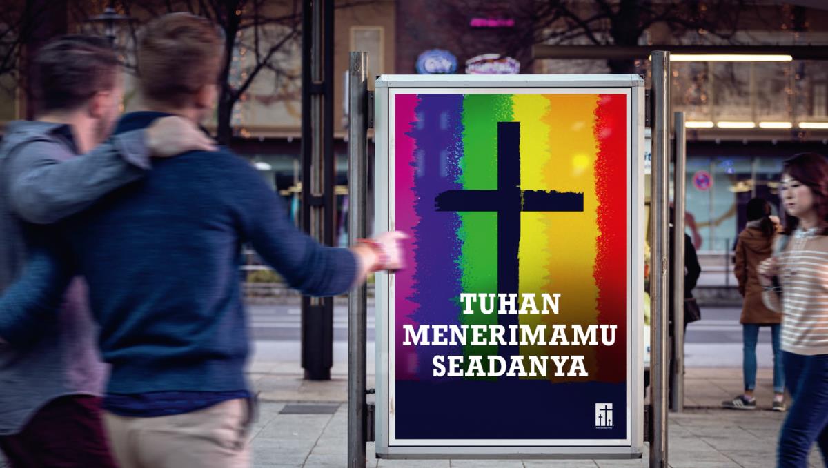 Warna-warna pada iklan gereja yang menunjukkan bahawa pihak gereja menerima hubungan sejenis
