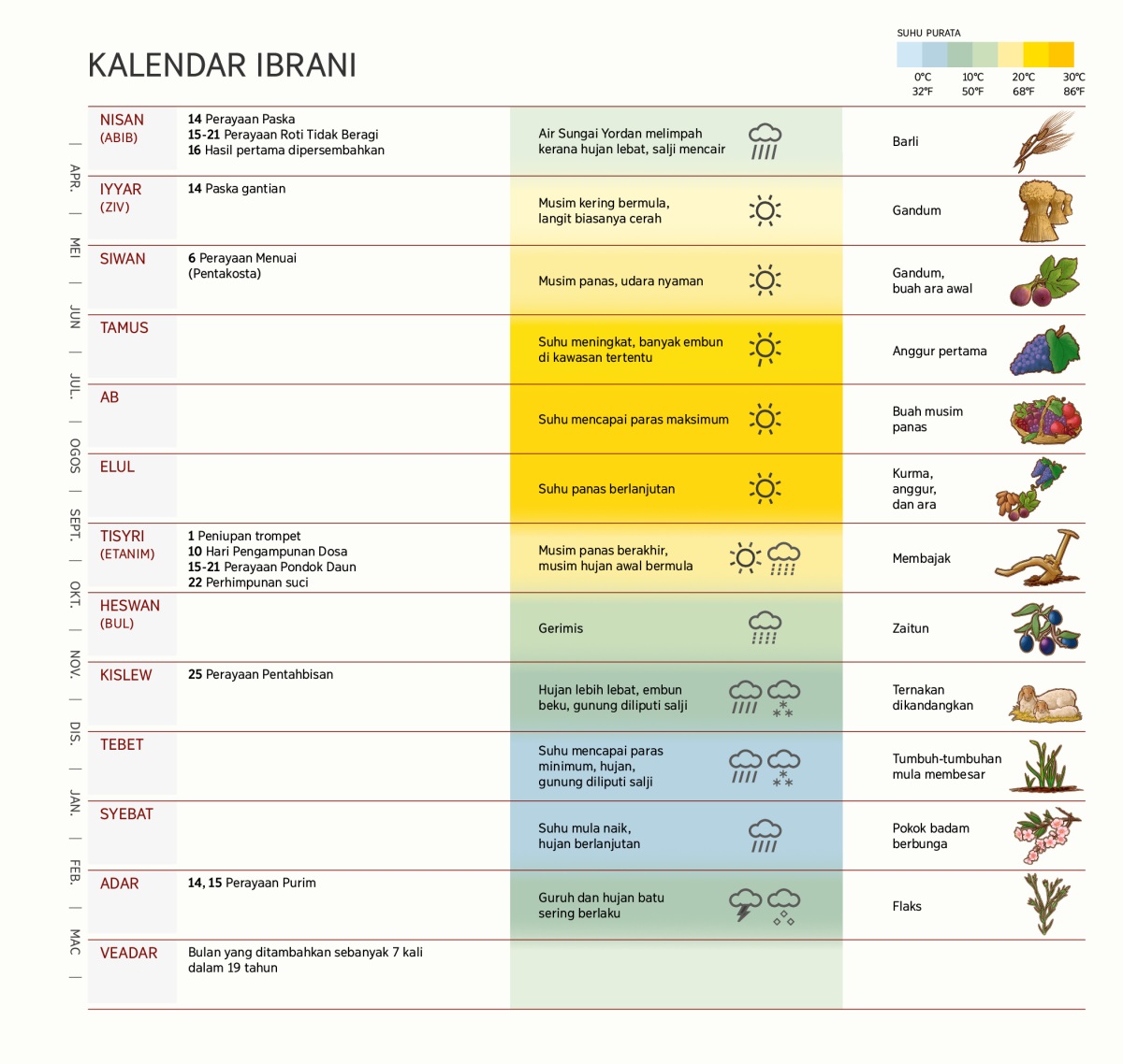 Carta yang menunjukkan bulan, perayaan dan sambutan, keadaan cuaca, dan musim tanaman dalam kalendar Ibrani.