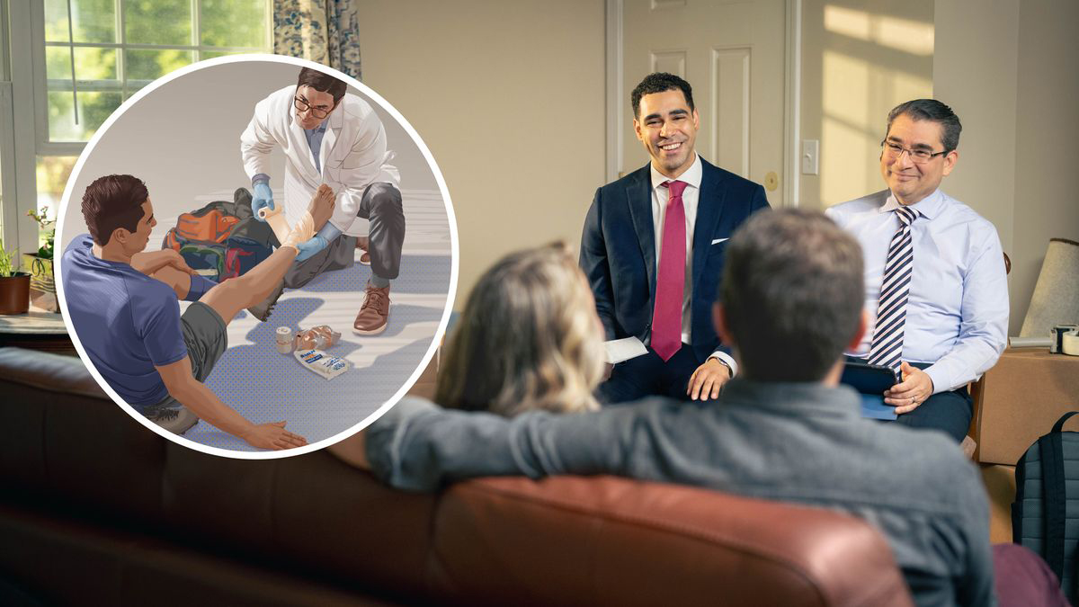 Dua orang penatua melawat sepasang suami isteri di rumah mereka. Gambar kecil menunjukkan seorang doktor membalut kaki seorang lelaki yang tercedera.