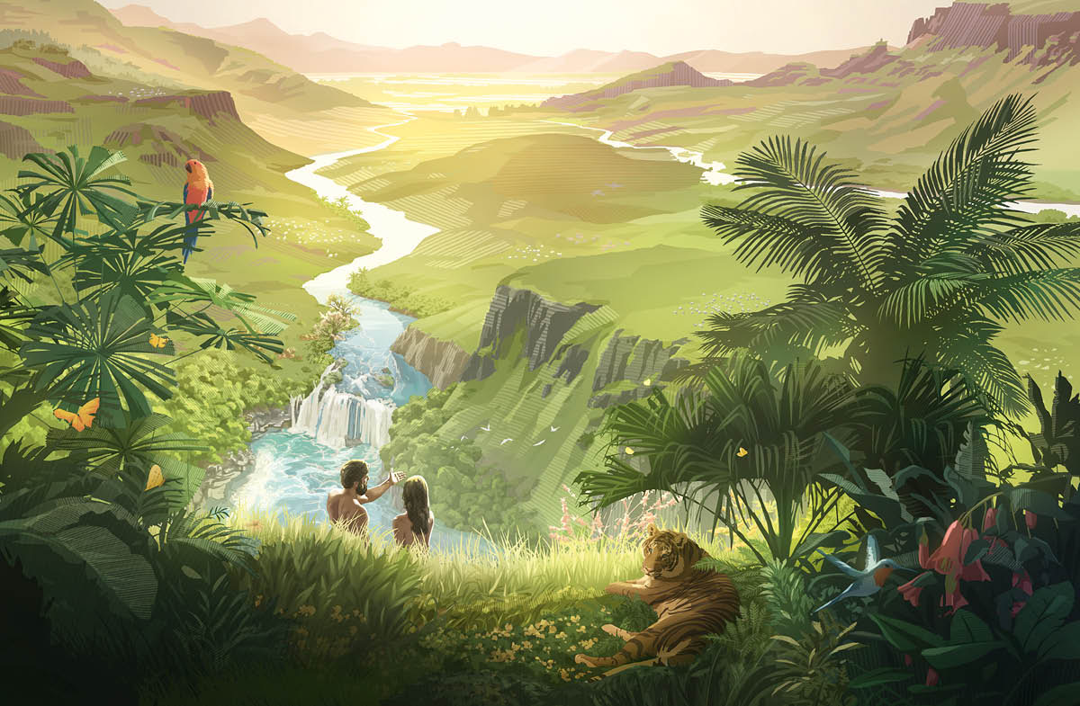 Адам Ева хоёр ан амьтан, цэцэг ургамлаар дүүрсэн үзэсгэлэн төгс Еден цэцэрлэгийг харж байна.