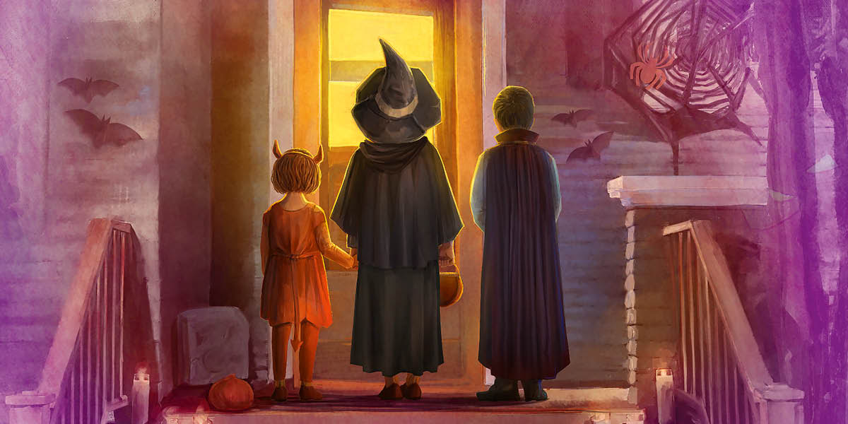 Tlett itfal lebsin il-kostumi tal-Halloween qegħdin bil-wieqfa quddiem bieb taʼ dar imżejna għall-Halloween.