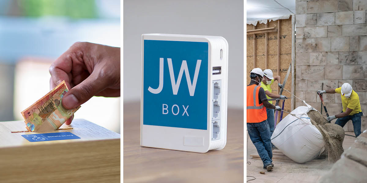 Grupp taʼ Stampi: 1. Ħu jitfaʼ xi flus f’kaxxa tal-kontribuzzjonijiet. 2. JW Box. 3. Aħwa jaħdmu fuq produzzjoni taʼ vidjow.