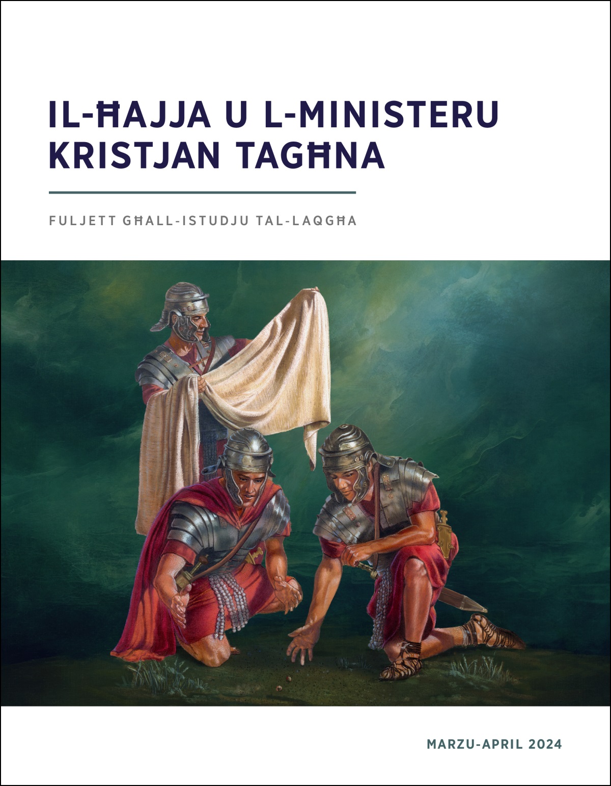 Suldat Ruman qed iħares lejn il-libsa taʼ Ġesù waqt li tnejn oħra qed itellgħuha bix-xorti.
