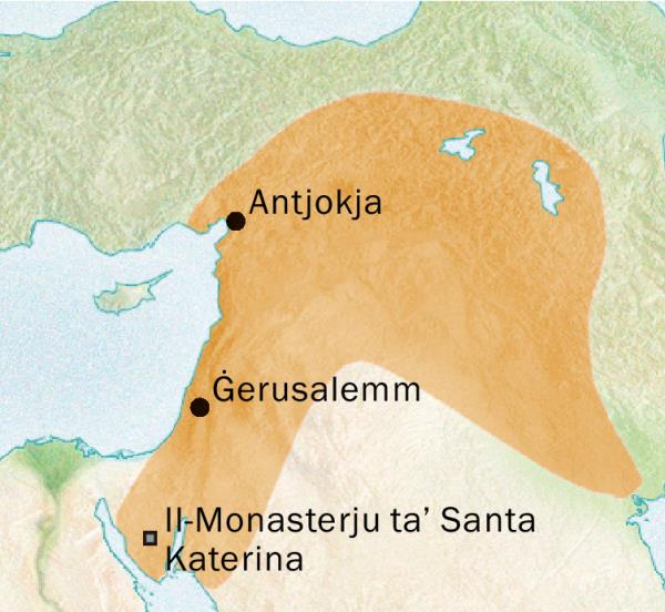 Mappa tal-inħawi madwar Antjokja u Ġerusalemm fejn kien jiġi mitkellem is-Sirjak