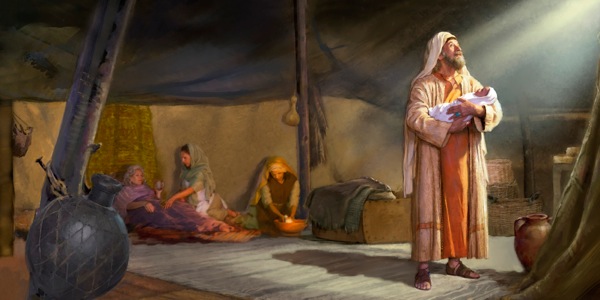 Abraham iżomm lil ibnu Iżakk li għadu kif jitwieled waqt li żewġ nisa jieħdu ħsieb lil Sara