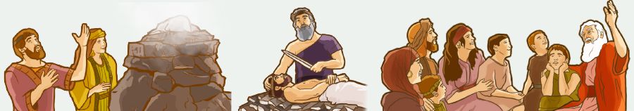 Abraham u Sara joffru sagrifiċċju; Abraham iżomm sikkina u hu lest li jissagrifika lil Iżakk; Abraham jieħu t-tmexxija fil-familja tiegħu biex iqimu lil Alla