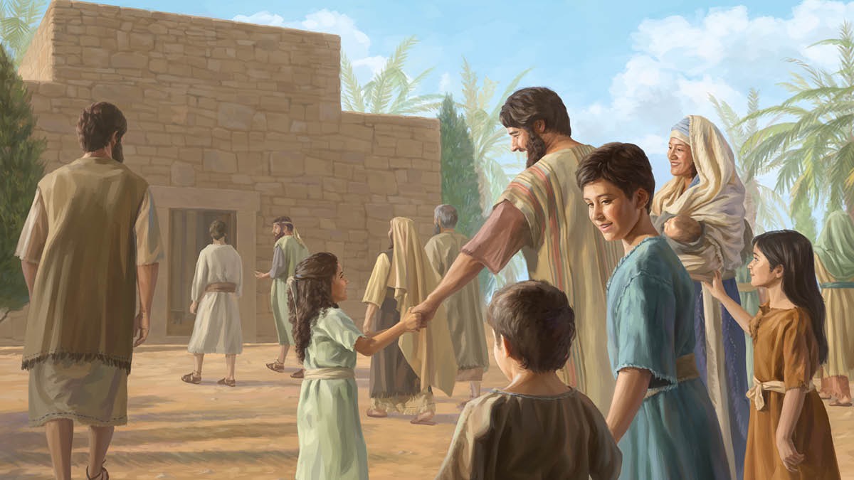 Ġużeppi u Marija jieħdu l-familja fis-sinagoga fis-Sabat