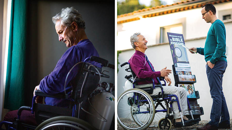 Grupp taʼ stampi: 1. Ħu skuraġġit bilqiegħda f’wheelchair u biċ-ċilindru tal-ossiġnu biex ikun jistaʼ jieħu n-nifs. 2. Il-ħu ferħan jitkellem maʼ raġel waqt li qiegħed jipprietka.