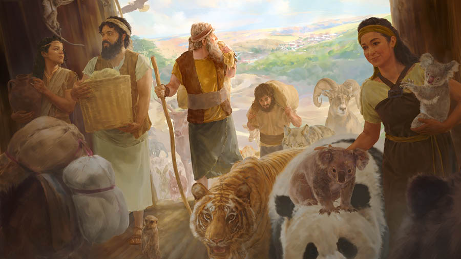 Noè u l-familja tiegħu qegħdin idaħħlu l-annimali u l-ikel fl-arka.