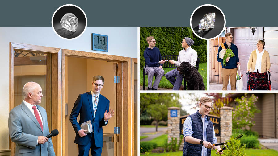 Taħt djamant qabel jiġi maqtugħ u ppolixxjat, ħu żagħżugħ jasal tard għal-laqgħa u ħu ikbar minnu jħares bl-ikrah lejh. Grupp taʼ stampi: Taħt djamant maqtugħ u ppolixxjat, hemm tliet stampi taʼ ħu żagħżugħ. 1. Hu jagħti kard tal-jw lil raġel li qiegħed fuq bank. 2. Hu jġorr ix-xirja taʼ mara li għandha bżonn l-għajnuna. 3. Hu jagħmel xi xogħol fil-ġnien tas-Sala tas-Saltna.