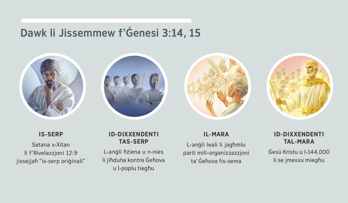 Grupp taʼ stampi: “Dawk li jissemmew f’​Ġenesi 3:14, 15.” 1. Is-​serp: Satana, li jidher bħala anġlu. 2. Id-​dixxendenti tas-​serp: l-​anġli ħżiena. 3. Il-​mara: l-​anġli leali. 4. Id-​dixxendenti tal-​mara: Ġesù Kristu u l-​midlukin li se jmexxu miegħu. Dawn jissemmew f’paragrafi 4, 5, 7, u 8.