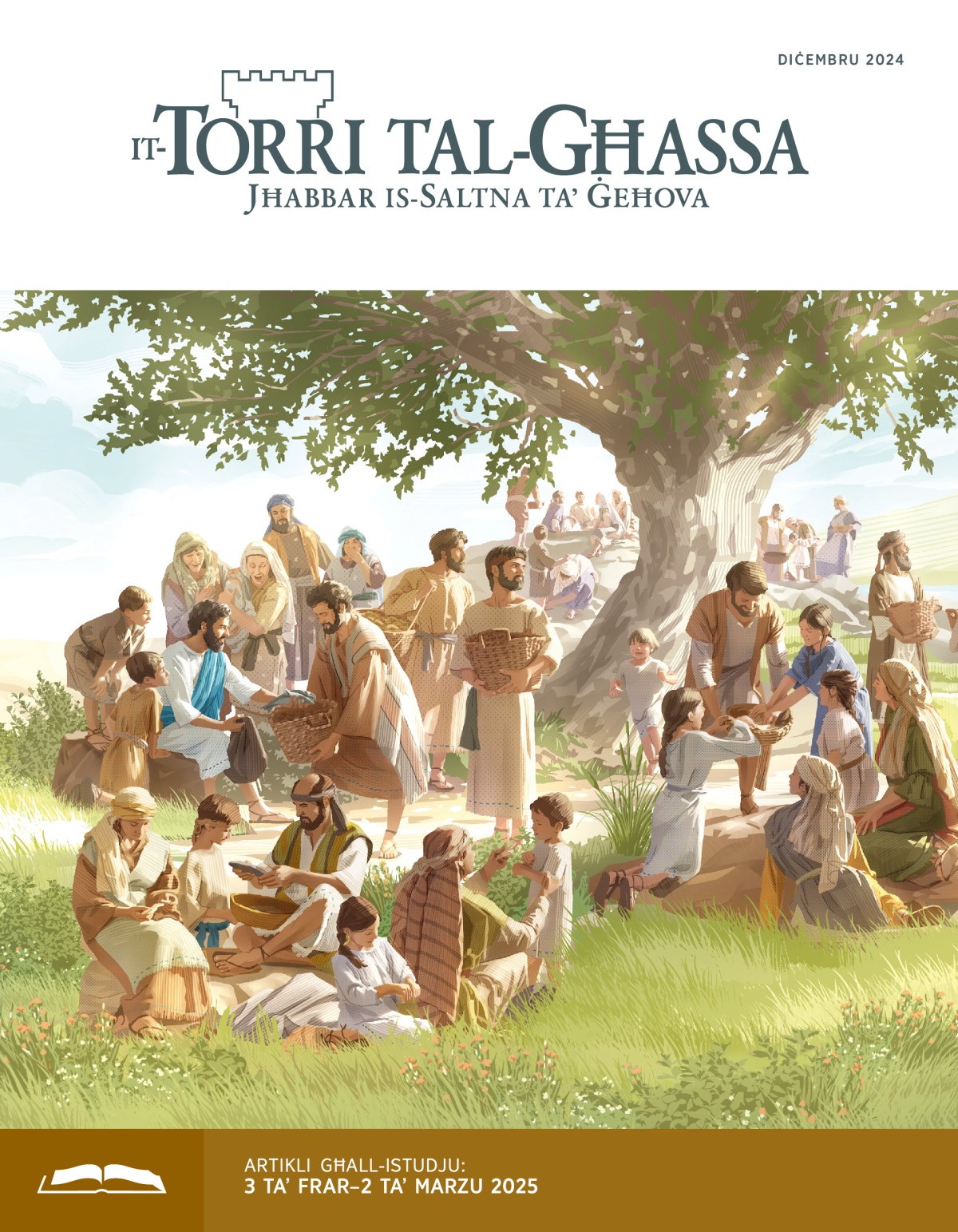 Ġesù qed jagħti l-ħobż u l-ħut lid-dixxipli. Id-dixxipli qed iqassmu l-ikel lil ħafna rġiel, nisa, u tfal.