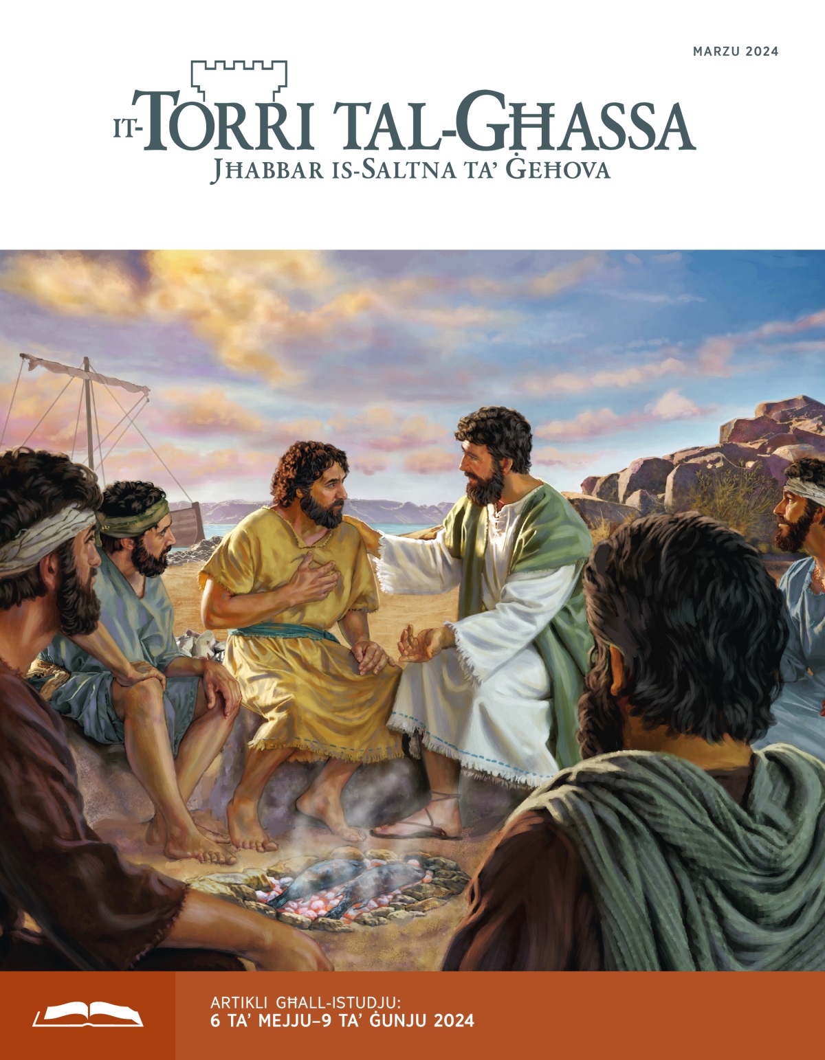 Ġesù qed ikellem lil Pietru waqt li l-appostli l-oħra qed jisimgħuh u jsajru l-ħut.