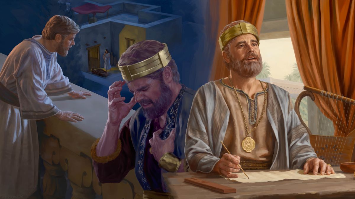 Grupp taʼ stampi: 1. Ir-Re David fuq il-bejt iħares lejn Bat-seba tinħasel. 2. Hu jitlob mill-qalb. 3. Hu qed jaħseb waqt li qed jikteb.