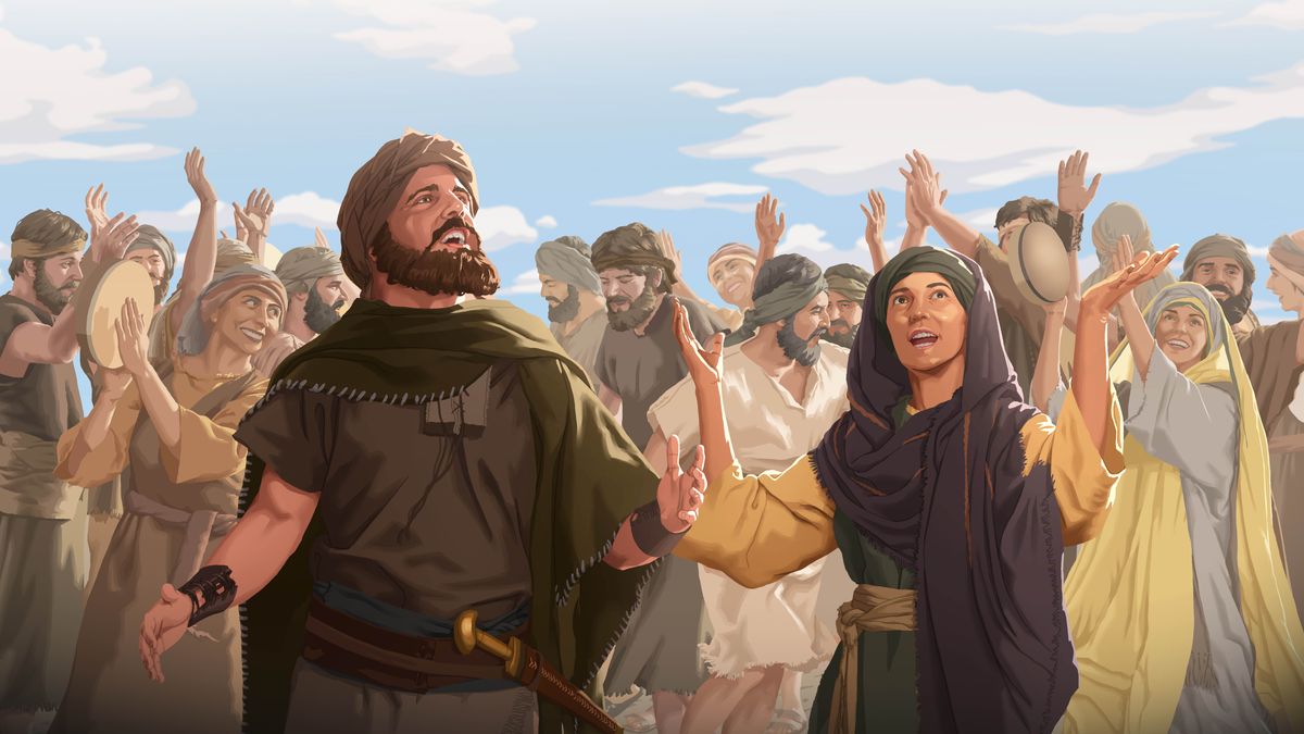 Debora u Barak ikantaw l-għanja tar-rebħa waqt li Iżraelin oħra qed jiżfnu u jdoqqu t-tanburlini.