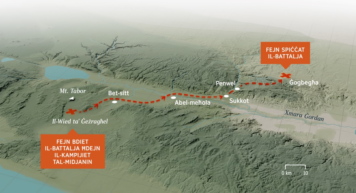 Mappa li turi l-muntanji u d-distanza li qasmu Gidegħon u l-irġiel tiegħu meta ġrew wara l-Midjanin mill-Wied taʼ Ġeżragħel sa Ġogbegħa.
