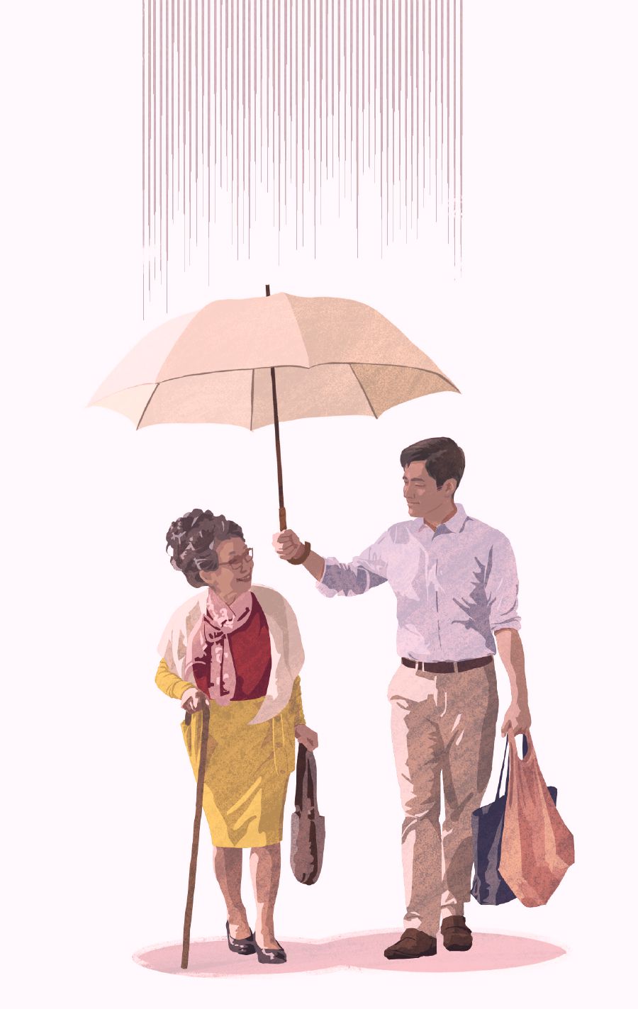 Raġel qed jagħti kenn bl-umbrella tiegħu lil mara mdaħħla fiż-żmien