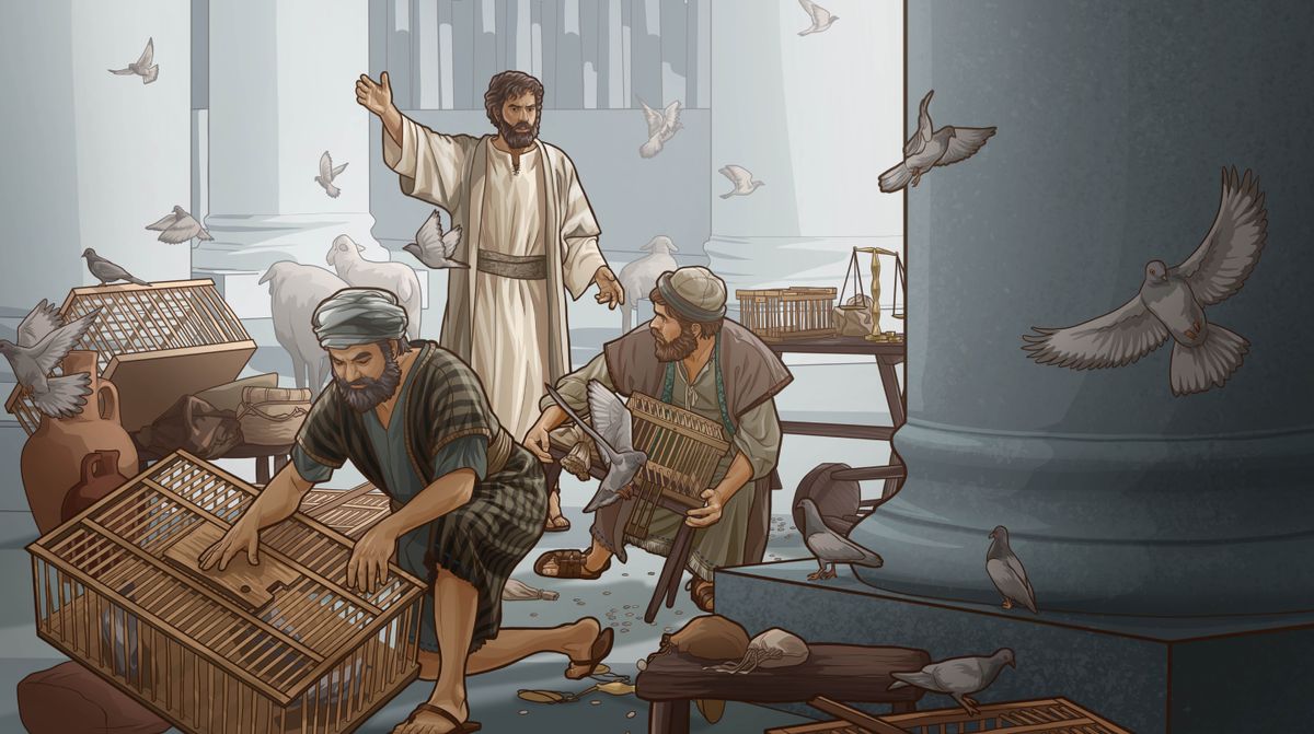 Jesosy mandroaka mpivarotra sy ny biby amidin’izy ireo hiala ao amin’ny tempoly.