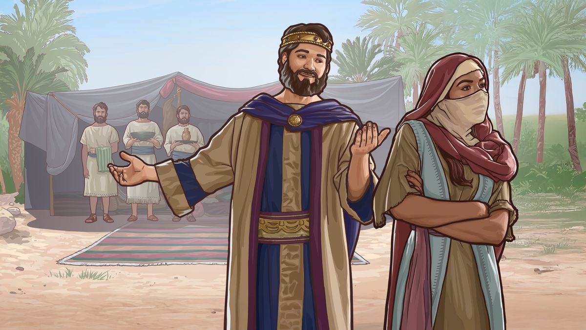 Asain’i Solomona mankao amin’ny tranolainy ilay ankizivavy solemita fa tsy mety. Manome lamosina an’i Solomona izy sady manao “croiser les bras.” Misy lehilahy telo mpanompon’i Solomona eo alohan’ilay tranolay, mitazona servieta sy koveta ary zinga tanimanga.