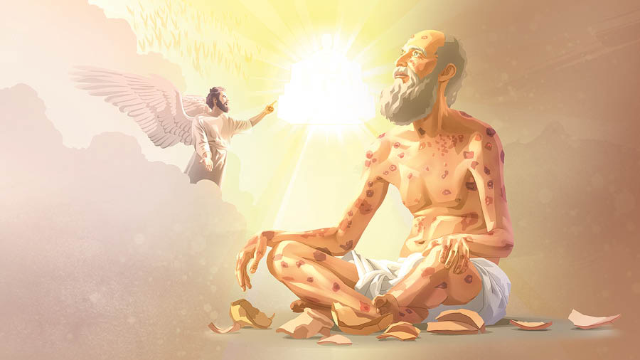 Satana any an-danitra. Manendrikendrika an’i Joba any amin’i Jehovah izy. Mipetraka amin’ny tany i Joba. Feno vay ny vatany.