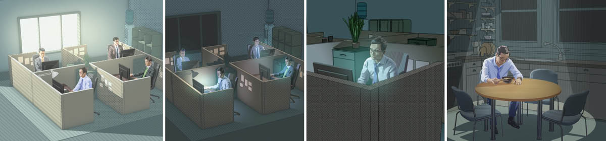 Conjunto de imagens: Um homem faz do trabalho a coisa mais importante na vida. 1. Ele trabalha num escritório durante o dia. 2. Ele continua no trabalho ao início da noite. 3. Na sua secretária de trabalho, ele olha cansado para o ecrã do computador. 4. Ele janta sozinho em casa.