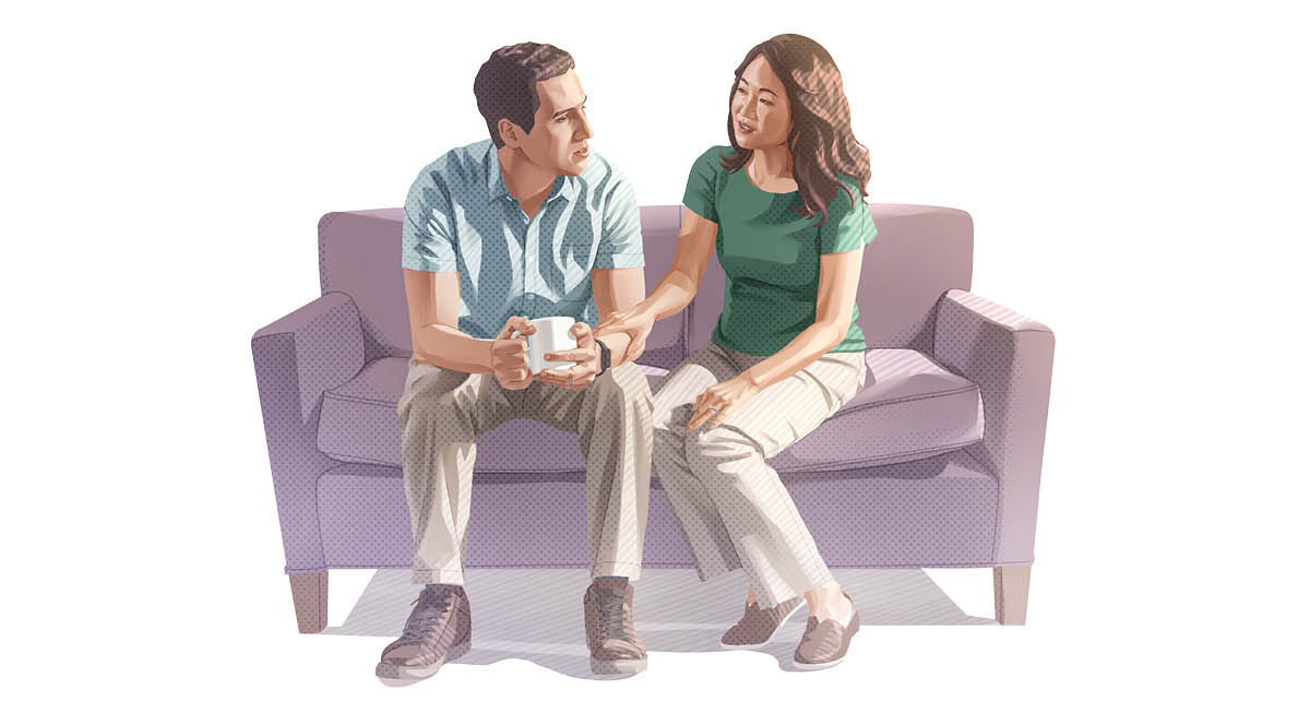 Marido e esposa conversam sobre um problema.