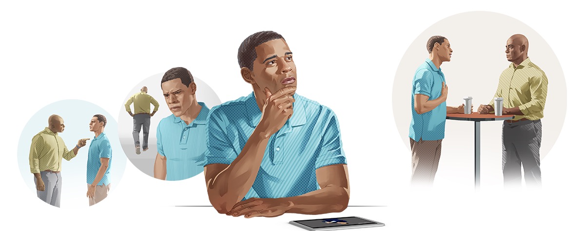 Conjunto de imagens: Um irmão faz as pazes com outro irmão. 1. Um irmão é rude com ele. 2. Ele pensa no que o outro irmão disse. 3. Ele estuda os conselhos da Bíblia sobre o que fazer quando se sentir ofendido. 4. Ele convida o outro irmão para tomar um café e faz as pazes.