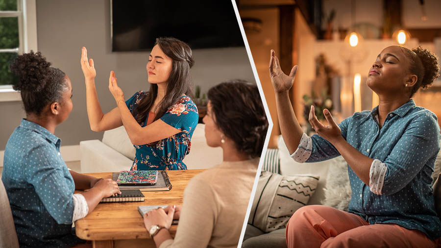 Conjunto de imagens: 1. A irmã ora com a estudante antes do começo do estudo. 2. Mais tarde, a estudante faz sua própria oração.