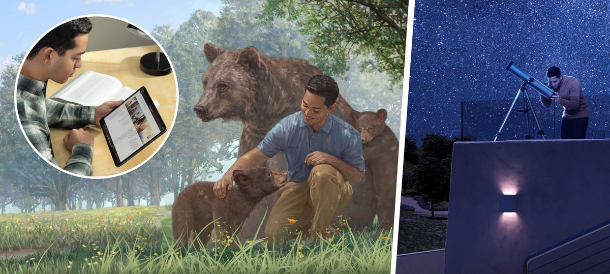 Para melhorar sua leitura da Bíblia, um irmão usa a tabela “A mensagem da Bíblia”, no Apêndice B1 da “Tradução do Novo Mundo”. Conjunto de imagens: 1. No novo mundo, um irmão faz carinho num filhote de urso que está ao lado de sua mãe ursa e outro filhote. 2. Numa noite escura, ele usa um telescópio para observar as inúmeras estrelas no céu.