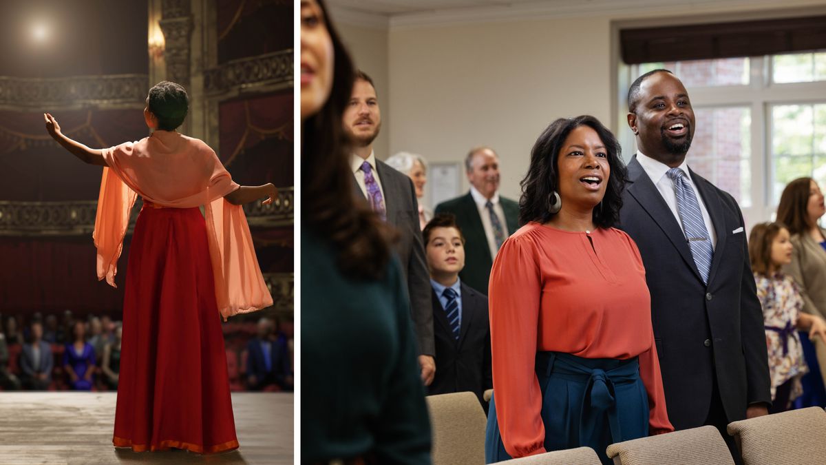 Conjunto de imagens: Uma encenação da escolha que Julia fez. 1. Ela canta num palco à frente de muitas pessoas. 2. Ela canta com o marido numa reunião.