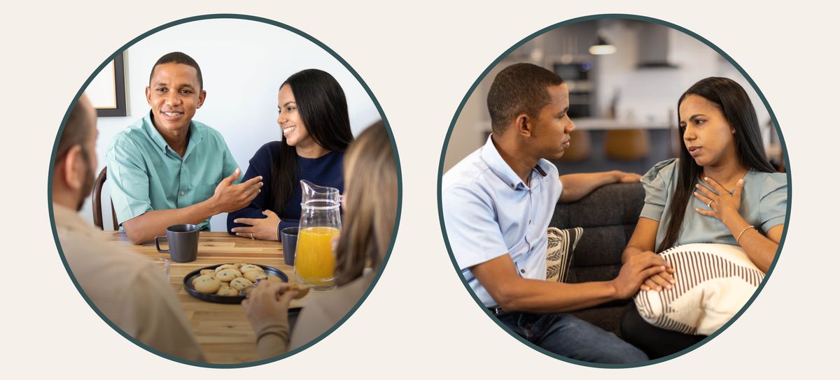 Conjunto de imagens: 1. O marido que aparecia na imagem anterior elogia a sua esposa ao conversar com outras pessoas. 2. Ele presta atenção enquanto a sua esposa fala sobre como ela se sente.