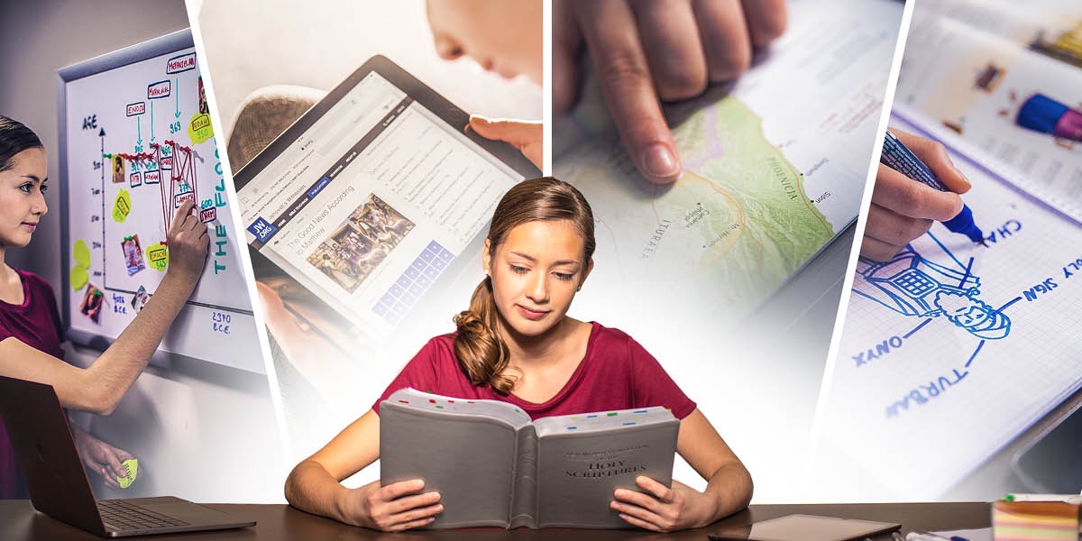 Se ichpochtli kineki okachi yolpakis ijkuak kitlajtoltia Biblia, ik non, mopaleuia ika se línea de tiempo, se mapa, se dibujo uan ika Biblia tlen ika timomachtia tlen kajki itech jw.org
