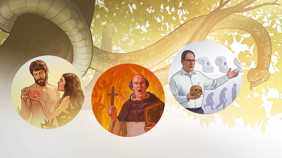 Se kouatl kajki itech se kuauitl. Motaj fotos: 1. Eva kimaka tlakilotl Adán. 2. Se teopixki tlamachtia uan kikitskijtok se cruz uan se Biblia. Tlakuitlapan mota miakej tlatlatokej. 3. Se tlamachti kiteititia tiuitsej itech evolución uan kikitskijtok se tsontekomatl